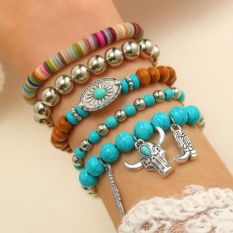 TEMU cross-border bohemian style pine stone wooden beads alloy accessories elastic line men's bracelet bracelet women
