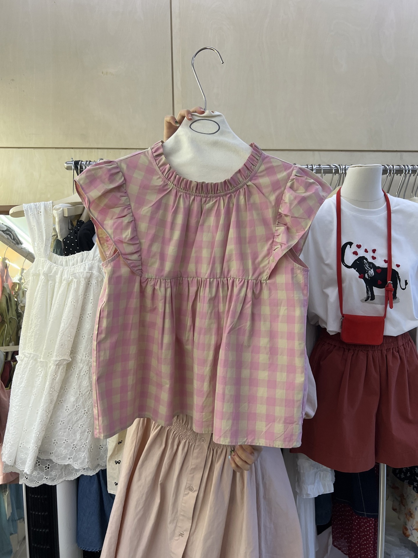 夏季韩版通勤风时尚甜美格子飞袖学院风减龄淑女上衣潮
