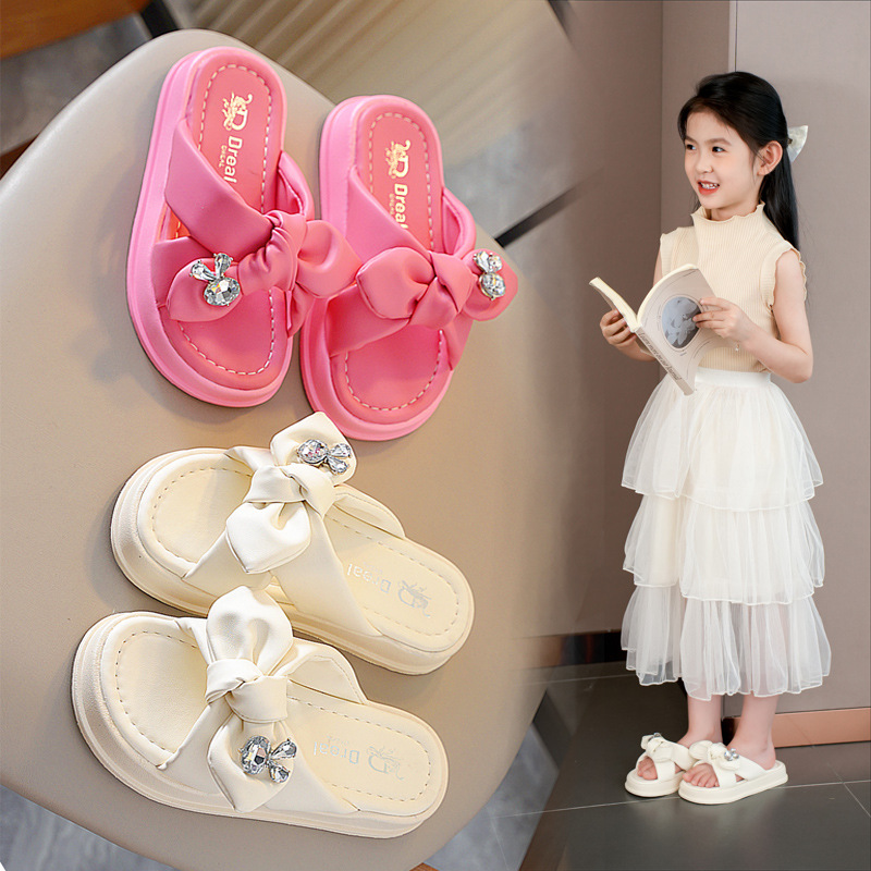 Girls' stylish slippers for outer wear 2024 summer fashion soft-soled half-slippers with big bow princess sandals for little girls