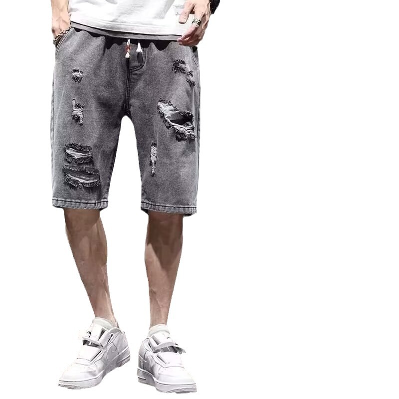 Pantalones cortos de mezclilla rasgados retro americano de moda para hombres, pantalones rectos sueltos de la calle de nicho delgado de verano