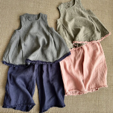 韩国童装女童夏季套装24新款女中小童撞色花边娃娃衫背心宽松裤子