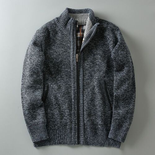 Fall/Winter Men's Stand-Neck Knitted Cardigan with Fleece Lining, Extra-Thick & Warm, Casual, Versatile Sweater Jacket Coat