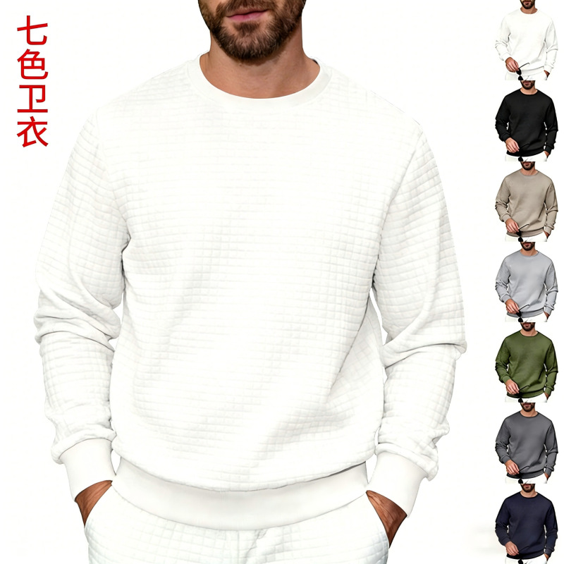 Cross-Border Men's Spring and Autumn Waffle Texture Solid Color Crew Neck Pullover Sweatshirt Loose Casual Long-Sleeve Top