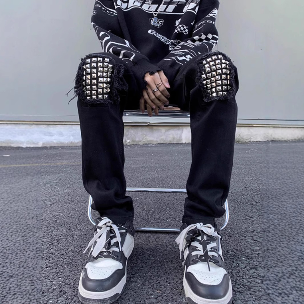 2025 Spring And Autumn Versatile Fashion Black Distressed Design Jeans Washed Wear-resistant Youth Long Pants Men's Cool_mkmklike.com