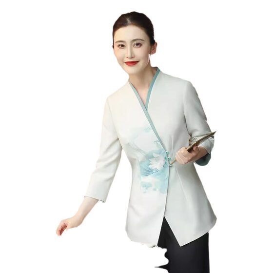 Clothing Research Hall Chinese-style Qinglian Star Hotel Waiter Work Clothes Autumn and Winter Restaurant Dining Banquet Hall Long Sleeve Men and Women