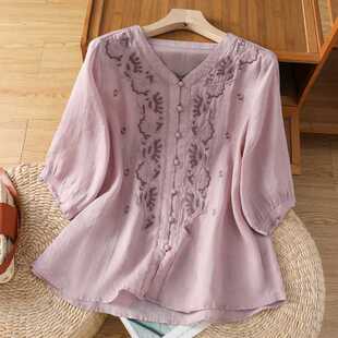 Real Shot of 2025 Summer Cotton and Linen Embroidered Shirt for Women, New Summer Casual Three-Quarter Sleeve Shirt, Single-Breasted V Neck Top