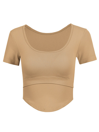 New Fixed Bra Cup Yoga Top for Women, Slimming and Body-Shaping, Summer Short Sleeve Running and Fitness T-Shirt