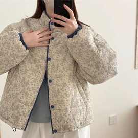 韩系新款复古冬季显瘦立领碎花棉袄短款加厚棉服面包外套棉衣