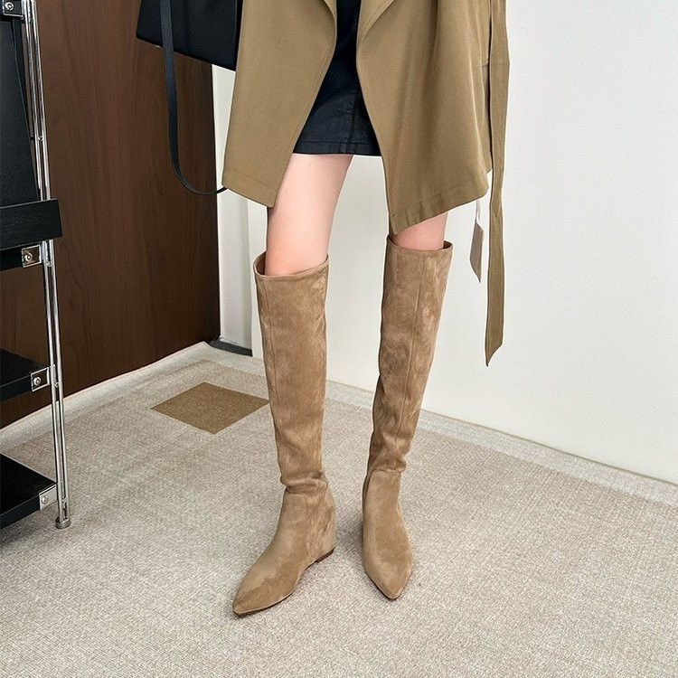 Universal demi-season denim high boots with hidden heel