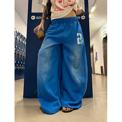 F383 American Retro Blue Wide-Leg Pants for Men and Women, Loose Drape Casual Long Pants with Drawstring Gradient Scimitar Sweatpants