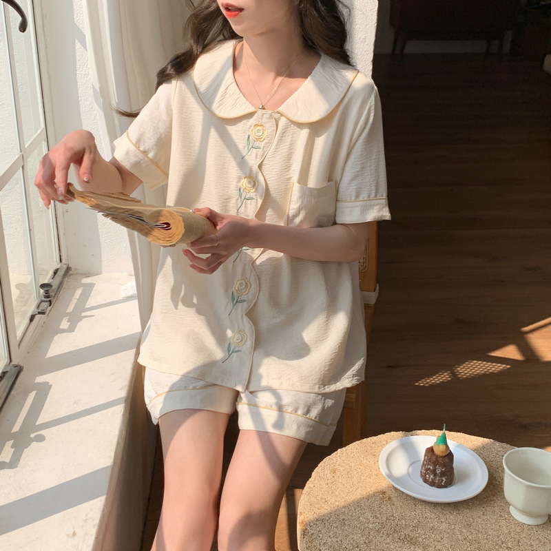 Summer New Embroidered Flower Short-Sleeved Cardigan, Sweet and Cute, Cloud Cotton, Comfortable and Soft Home Wear Set