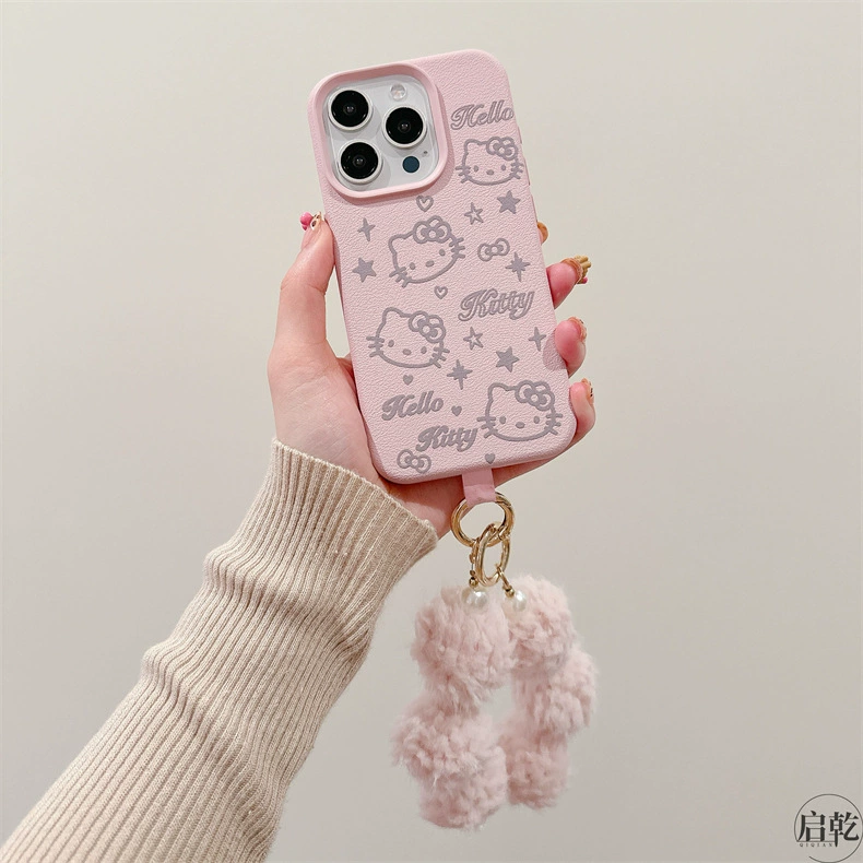 Чехол для телефона Hello Kitty, совместим с iPhone 11–17 серии, 3D бантик, имитационная кожа розовый с ремешком