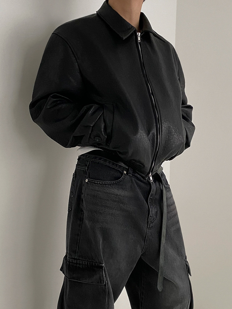 MYQ美ラードのレトロな短い革の服の男性の春のゆるい襟のコートの韓国版の潮流は古い革のジャケットをします。