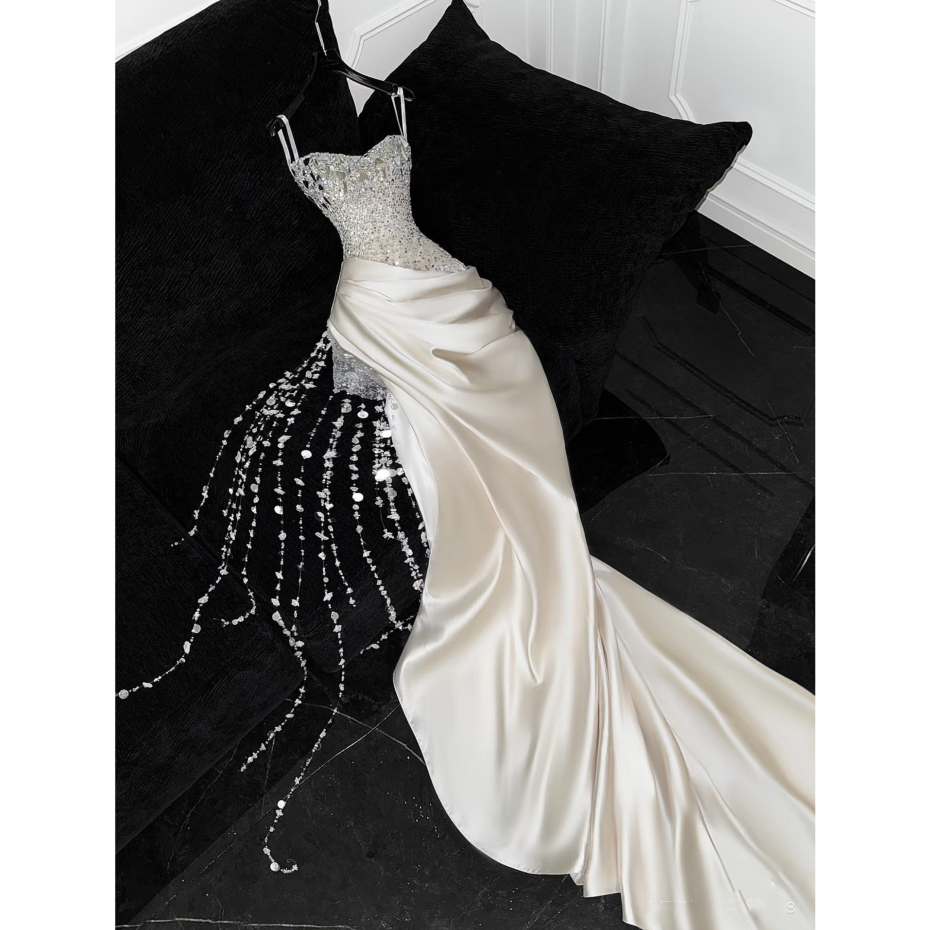 Vietnamese Niche Dress with Heavy Beading, Satin Fishtail Slit, Tassel Dress, Small Dress, Wedding Dressing Gown