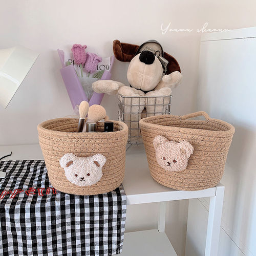 Ins-style cotton rope storage basket, woven teddy bear desk organizer, storage basket for miscellaneous hair clips, hair ties, keys, and item holder