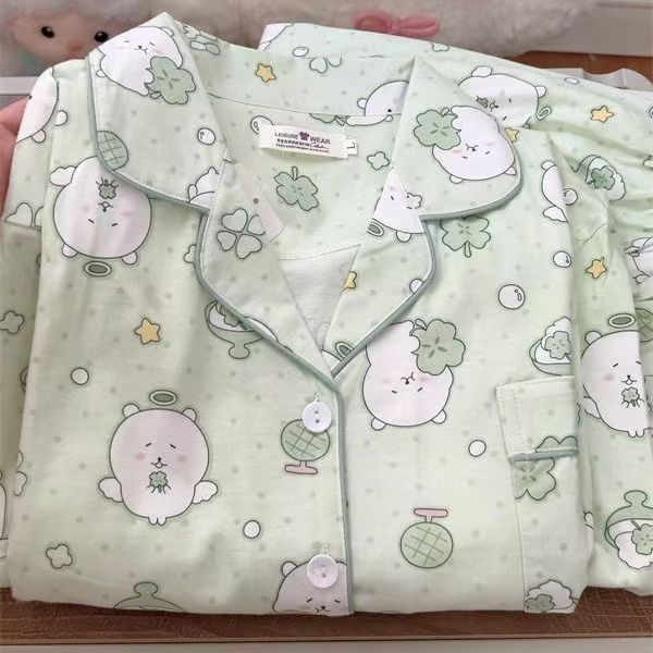 卡通蓝格小熊睡衣女春秋季长袖长裤ins套装日系少女可外穿家居服|undefined