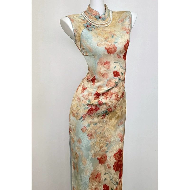 Красивое платье-чонсам в новом китайском стиле с цветочным принтом 2025, молодежное, элегантное, облегающее, летнее для женщин.