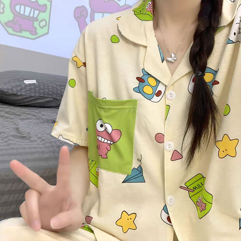 Ins Japanese Style Cartoon Pajamas for Women Summer Pure Cotton Short-Sleeved Thin Crayon Shin-Chan Mr. Crocodile Home Wear Summer Style