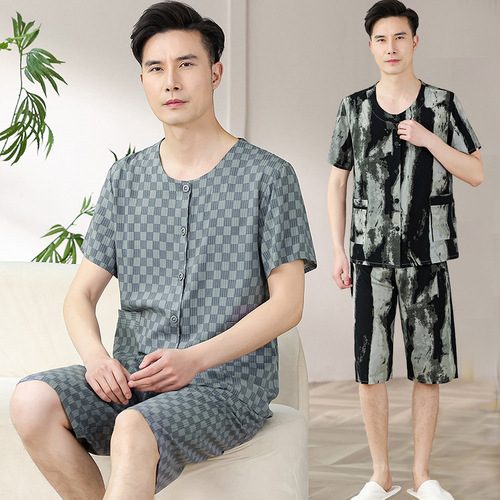 Mid-Age Men Summer Pajamas Set of 2 Cotton Short Sleeve Open-Front Top and Bottom Set for Dad Home Wear
