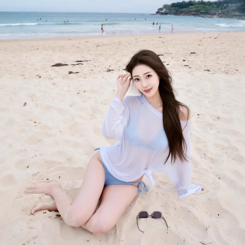海边度假防晒衣女夏季新款微透小心机白色罩衫女装泳装宽松长袖T|undefined