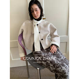 CZ ZHANG秋冬小个子短款纯手工双面呢毛呢外套女格纹上衣 B49126