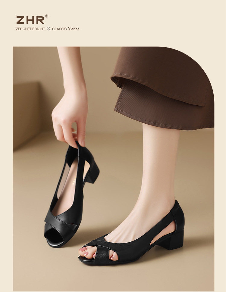 Sandal hở mũi nữ da thật cao gót đế dày thiết kế khoét lỗ — KM53 màu đen chi tiết 20