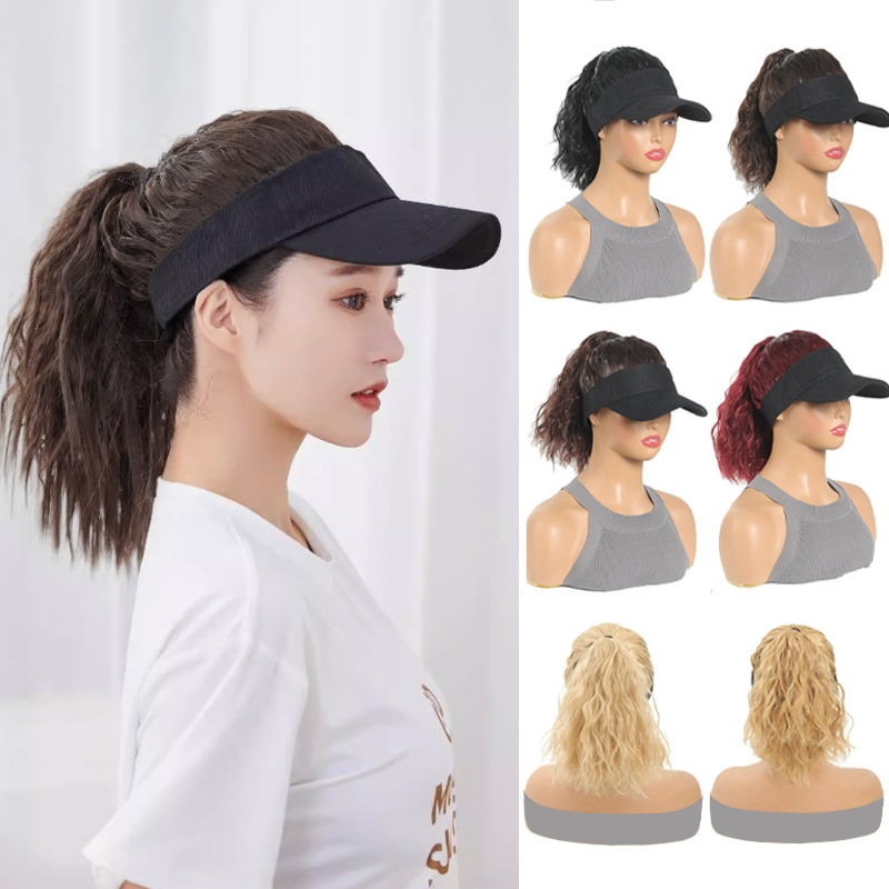 Wig and Hat Combo for Women, Fashionable Versatile Trendy Wave Curly Full Headpiece Open-Top Black Casual Hat Wig