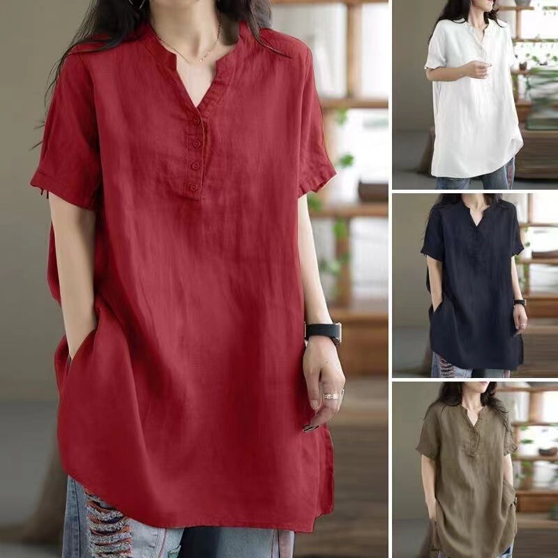 Cotton Spring and Summer Plus-Size Loose Fit Fashion V-Neck Short-Sleeve Solid Color T-Shirt for Women, Wholesale 2357 Cotton Spring and Summer Plus-Size Loose Fit Fashion V-Neck Short-Sleeve Solid Color T-Shirt for Women, Wholesale 2357