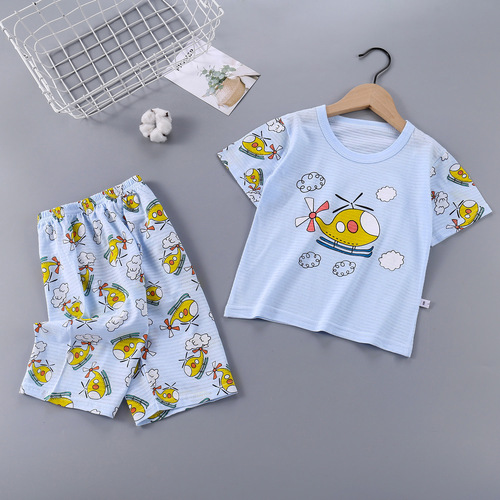 Children's short-sleeved suit summer boys' breathable air-conditioned clothing pure cotton clothing Korean style children's clothing girls' pajamas home clothes