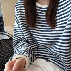 撞色条纹ins风宽松圆领卫衣长袖女2025秋季韩系松弛感百搭T恤上衣