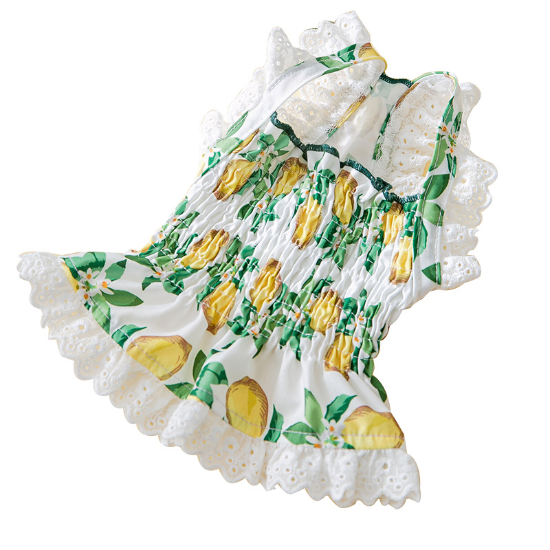 Gato primavera y verano borde de encaje fresco pequeño limón suspender falda verde dulce perro vestido ropa para perros mascotas