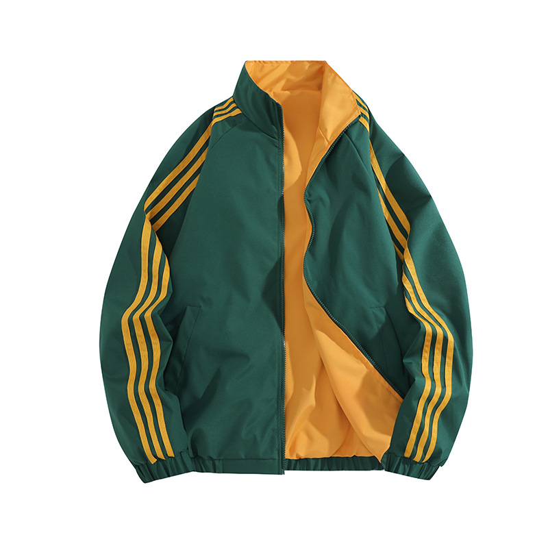 Tres barras transfronterizas de doble cara para vestir chaquetas a rayas de estilo americano de primavera y otoño, cuello de moda, chaqueta de pareja casual, chaqueta superior