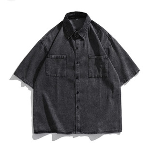 Summer New Hong Kong Style Loose Five-Quarter Short-Sleeved Denim Men's Shirt Korean Style Couple Loose Half-Sleeved Short-Sleeved Shirt