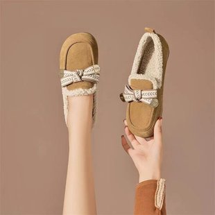 fleece-lined Loafers Women's Winter Wearing Cotton Shoes Women's 2024 New Women's Shoes Autumn and Winter Doug Shoes Bowknot Board Shoes