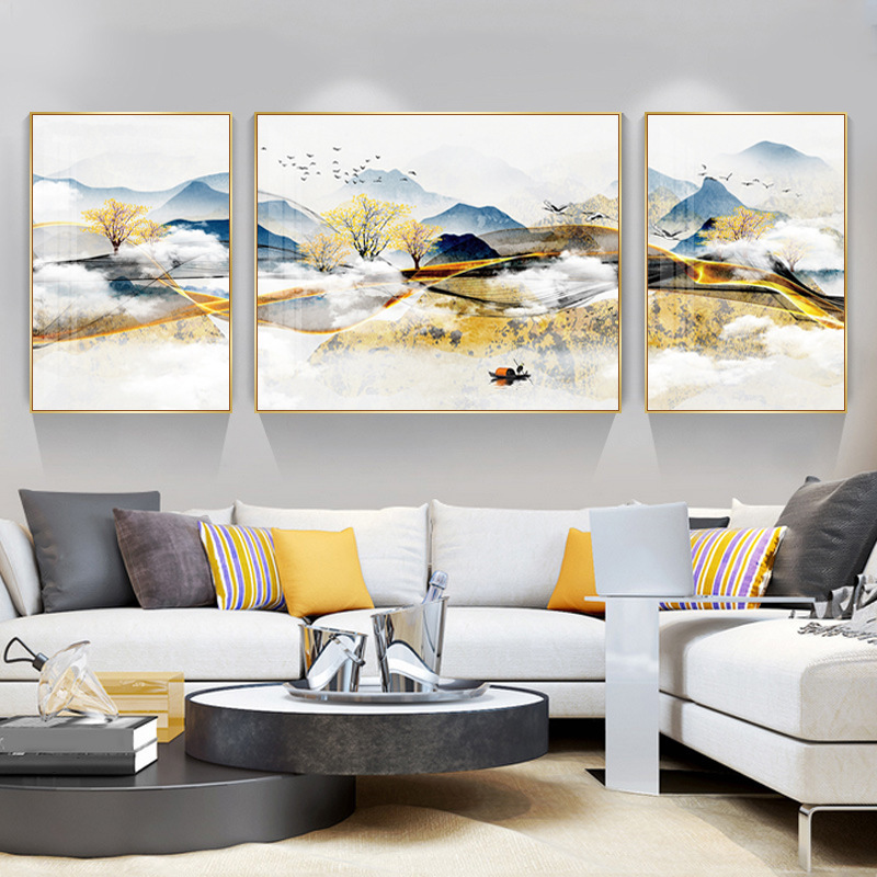 Golden Living Room Decorative Painting New Chinese Style Sofa Background Wall Landscape Hanging Painting Backer Mural Wall Painting Golden Living Room Decorative Painting New Chinese Style Sofa Background Wall Landscape Hanging Painting Backer Mural Wall Painting