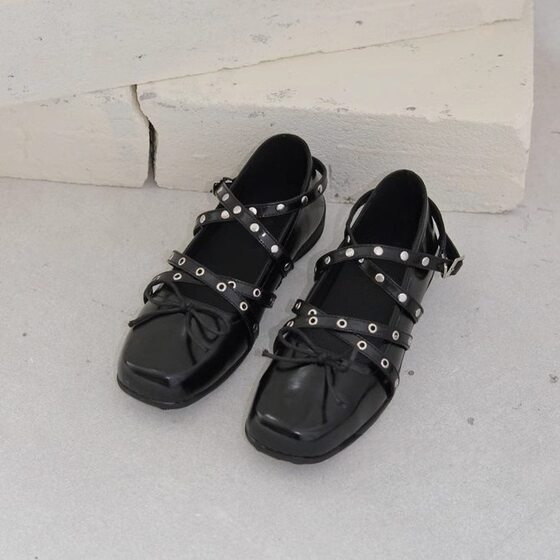 Sheepskin Version ~ Red Bow Small Single-layer Shoes Women's 2025 Autumn Genuine Leather Retro Shallow Rivet Ballet Flats
