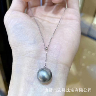 10-12mm Seawater Tahiti Platinum Ash Pendant 18K Gold Chopin Chain Round Seawater Platinum Ash Pearl Neck Chain