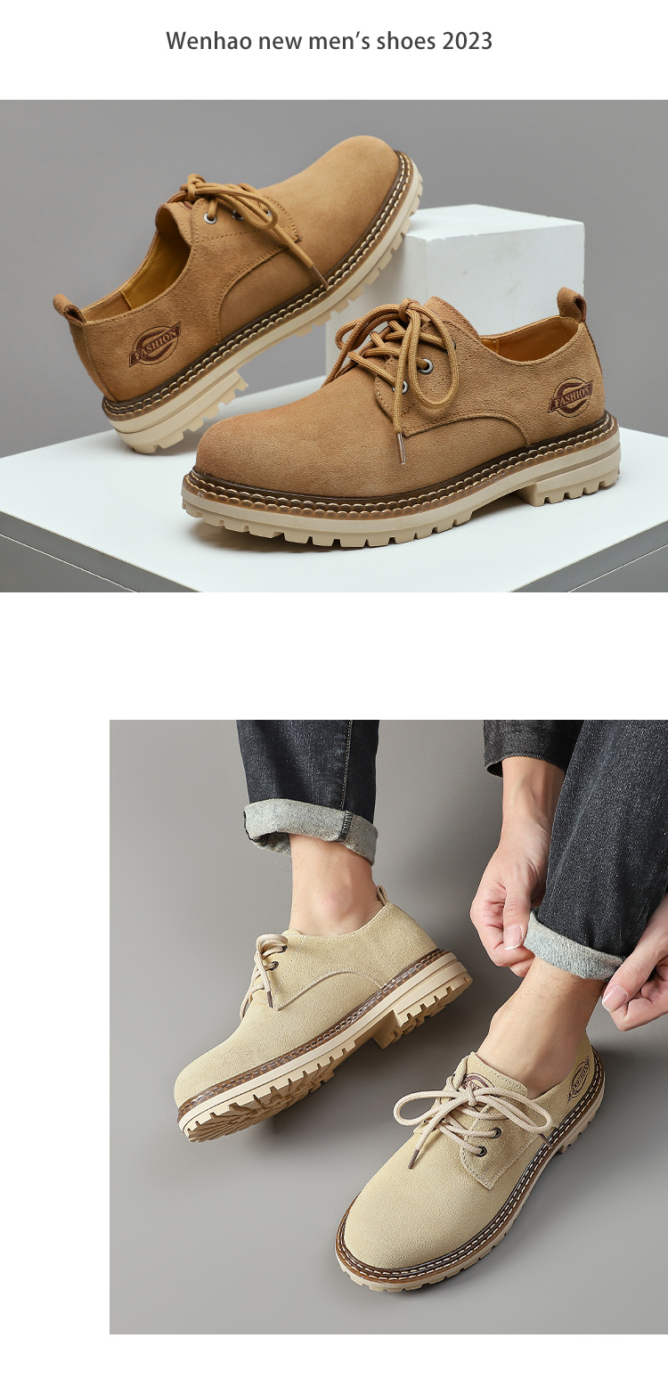 New leather suede cowhide casual leather shoes low top lace-up vintage shoes for men_voghion.com