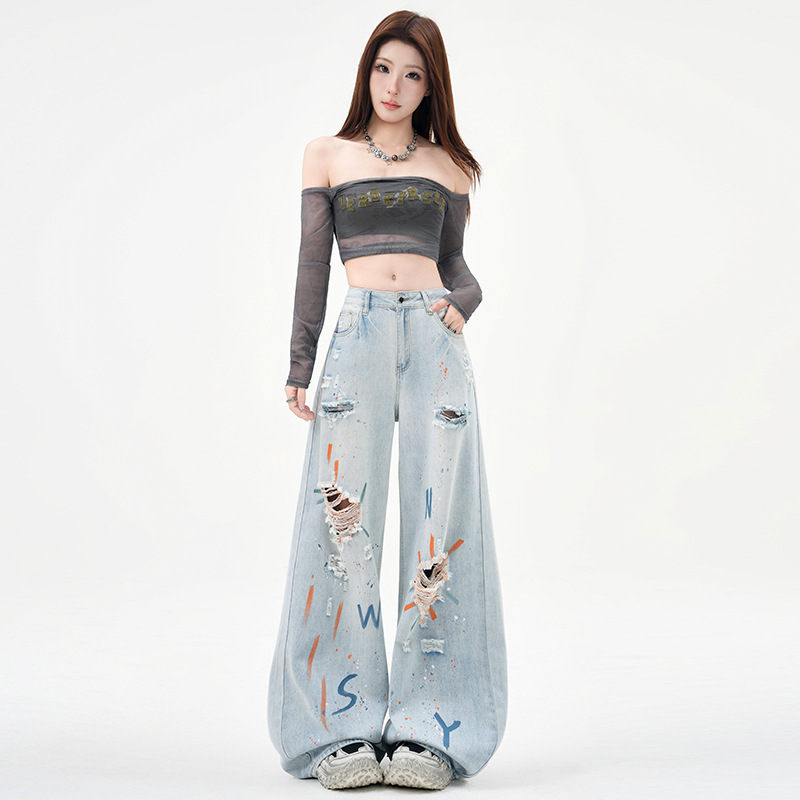 Printed Heavy Craft Wide-Leg Pants Women's Ripped Jeans Straight Pants Hot Girl Retro Style Denim Pants Women's Clothing
