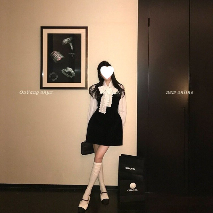 Ouyang Xue's'Romantic Dimension'! French-Style Heavy-Duty Patchwork Lace Bow Jacquard Long-Sleeve Shirt