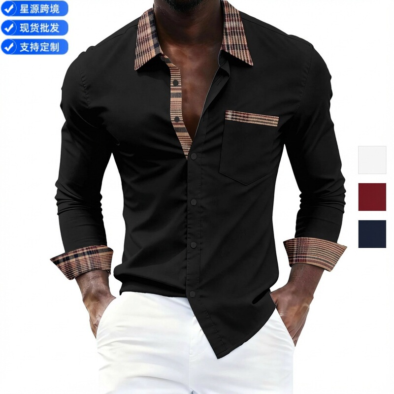 Cross-Border European and American Men's New Spring & Fall Plaid Splicing Lapel Long-Sleeved Shirts, Suitable for Daily Leisure