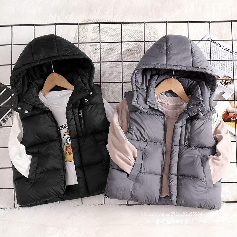 New autumn/winter children's down cotton vest with hood, thickened cotton-padded jacket for girls and boys, suitable for medium and large children to wear as outerwear.