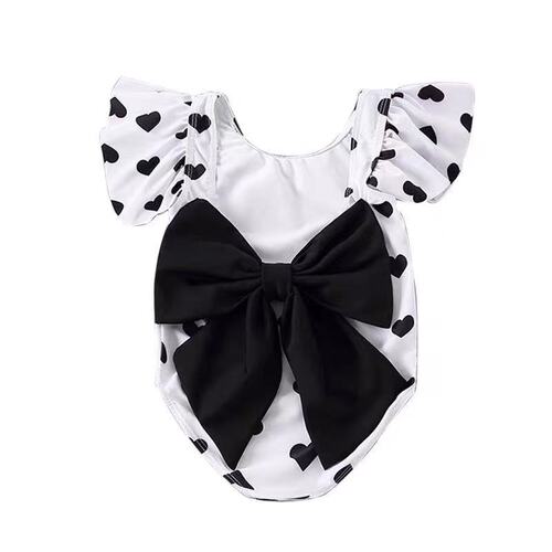 2025 New Korean Girls' Swimwear Children's One-piece Swim Suit with Bowknot Black and White Heart Lotus Sleeve Swimsuit