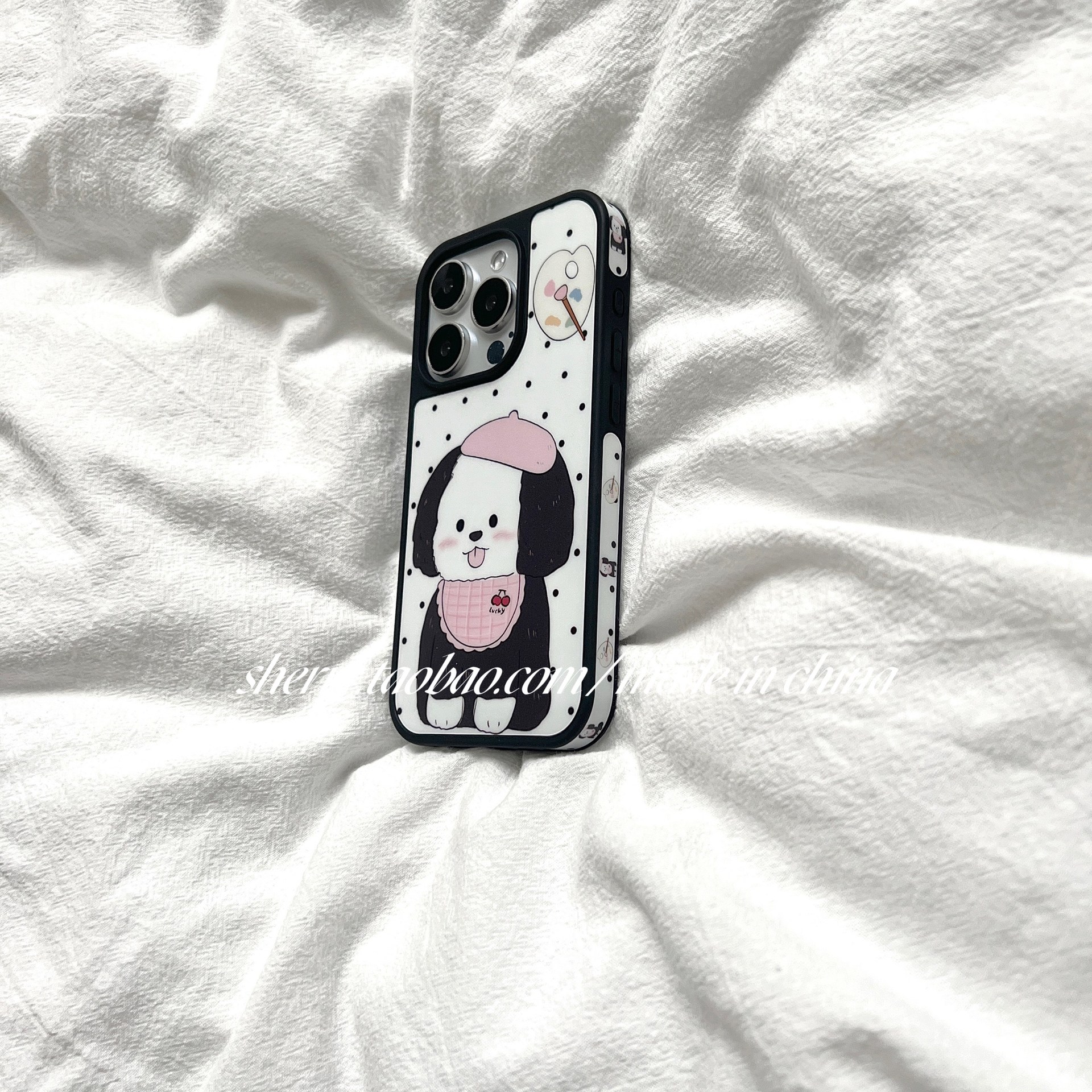 Sherry*Ins Cute Black Polka Dot Pink Hat Painter Puppy Suitable for Apple Promax Mobile Phone Case Ip