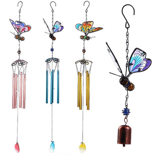 Cross-Border Hot-Selling Wind Chime 3D Stereo Butterfly Iron Crafts Creative Metal Glass Painted Hanging Decorations Manufacturer Ready Stock
