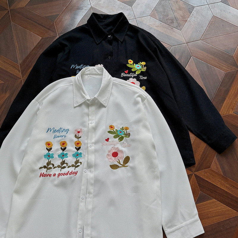 Colorful Floral Embroidered Shirt Men's Long-Sleeved Spring and Autum Waffle Niche Design High-End Handsome Couple Jacket Colorful Floral Embroidered Shirt Men's Long-Sleeved Spring and Autum Waffle Niche Design High-End Handsome Couple Jacket