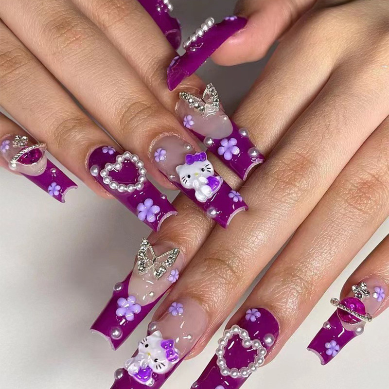 Love Pearl French Wear Nail Purple Hello Kitty Cat Manicure Silver Butterfly Flower Long Nail