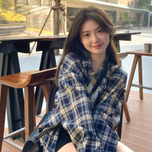 复古慵懒风女式格子衬衫外套春秋季防晒宽松休闲衬衣长袖上衣批发