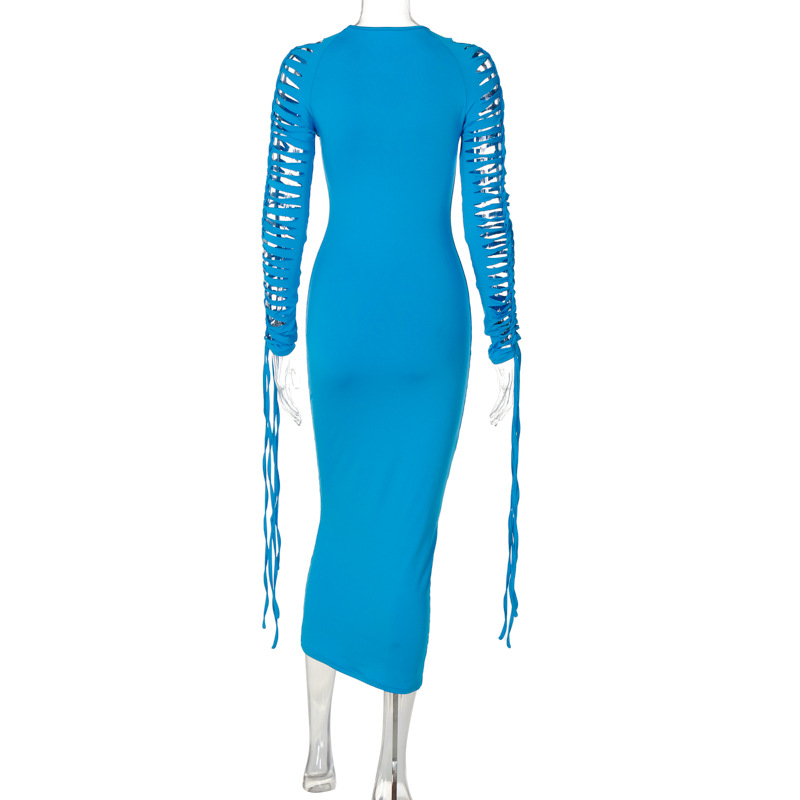 Fashion Solid Color Round Neck Long Sleeve Patchwork Dresses Maxi Long Dress Pencil Skirt