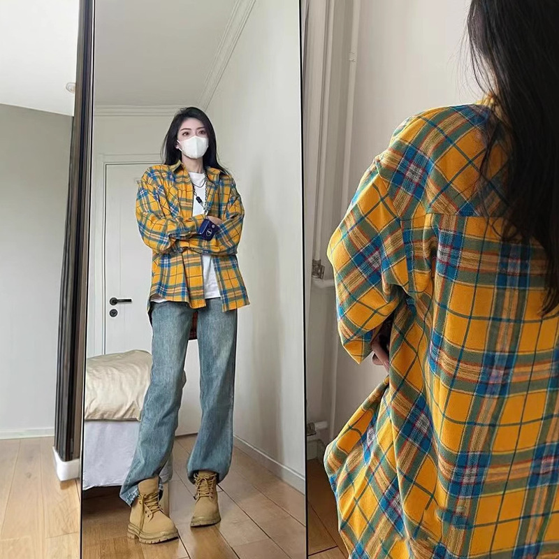 Dopamine American-style Retro Long-sleeved Plaid Shirt Women's Niche Design Sense Loose Casual College Style Shirt Jacket Dopamine American-style Retro Long-sleeved Plaid Shirt Women's Niche Design Sense Loose Casual College Style Shirt Jacket